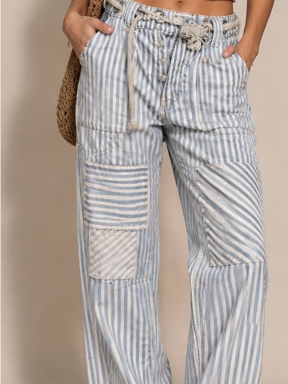 Free People We The Free Striped Utility Patchwork Jeans Size 25 Rope Belt